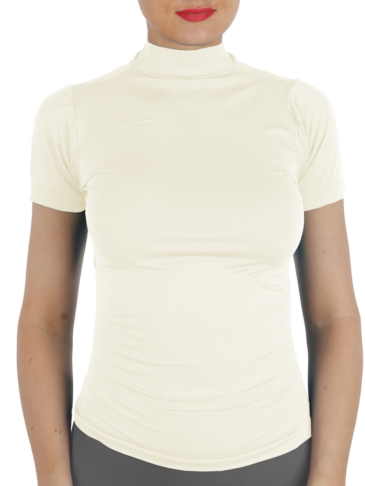 AllyCat Women Short Sleeves Mock Neck Turtleneck Top Stretchy Side ...
