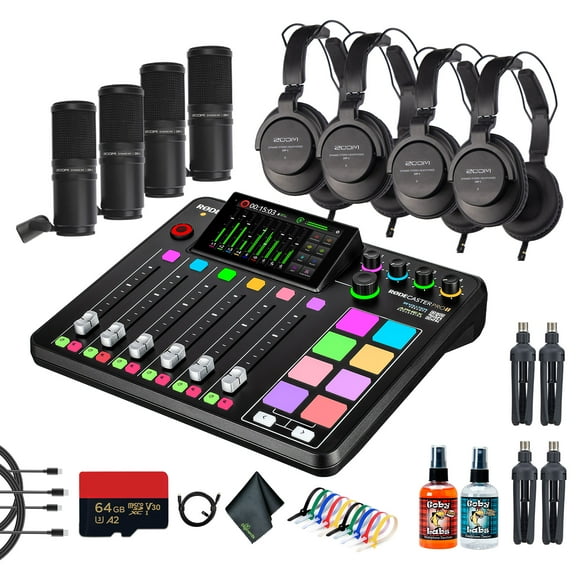 RODE RODECaster Pro II + 4x Écouteurs + 4x Microphone de Balado + Carte Mémoire Micro SD 64 Go + 2x USB - C + Plus (Ensemble)