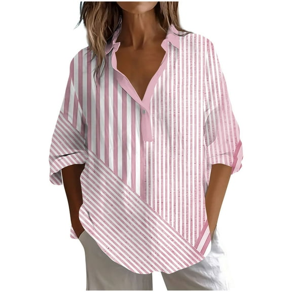 Ohufall Womens Long Sleeve Dress Shirts Fashionable Casual Printed Button Lapel T-Shirt Lightweight Loose Business Blouses for Women