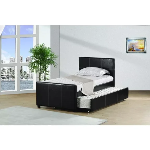 PU Faux Leather Twin Size Platform Bed with Trundle Bed, Black