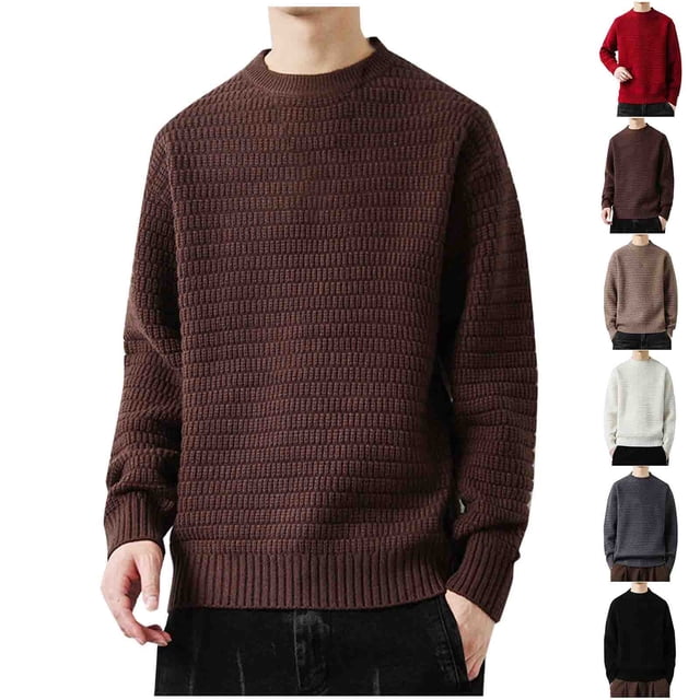 UVEASISHA Chandail en Tricot Côtelé pour Homme Col Ras du Cou Décontracté Chandail en Tricot Coupe Régulière Extensible Chandails Doux 2025 Automne Chandail Léger Hauts Soldes Liquidation Aujourd'hui Café m