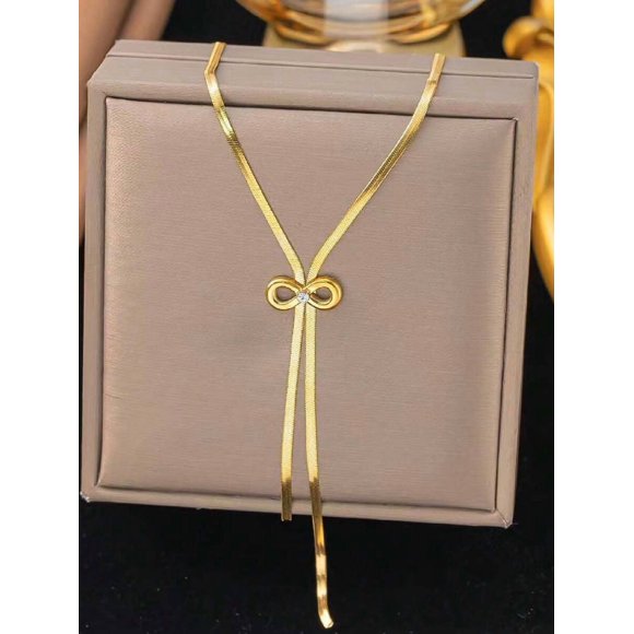 Collar Lariat Dorado Minimalista con Nudo y Diamante