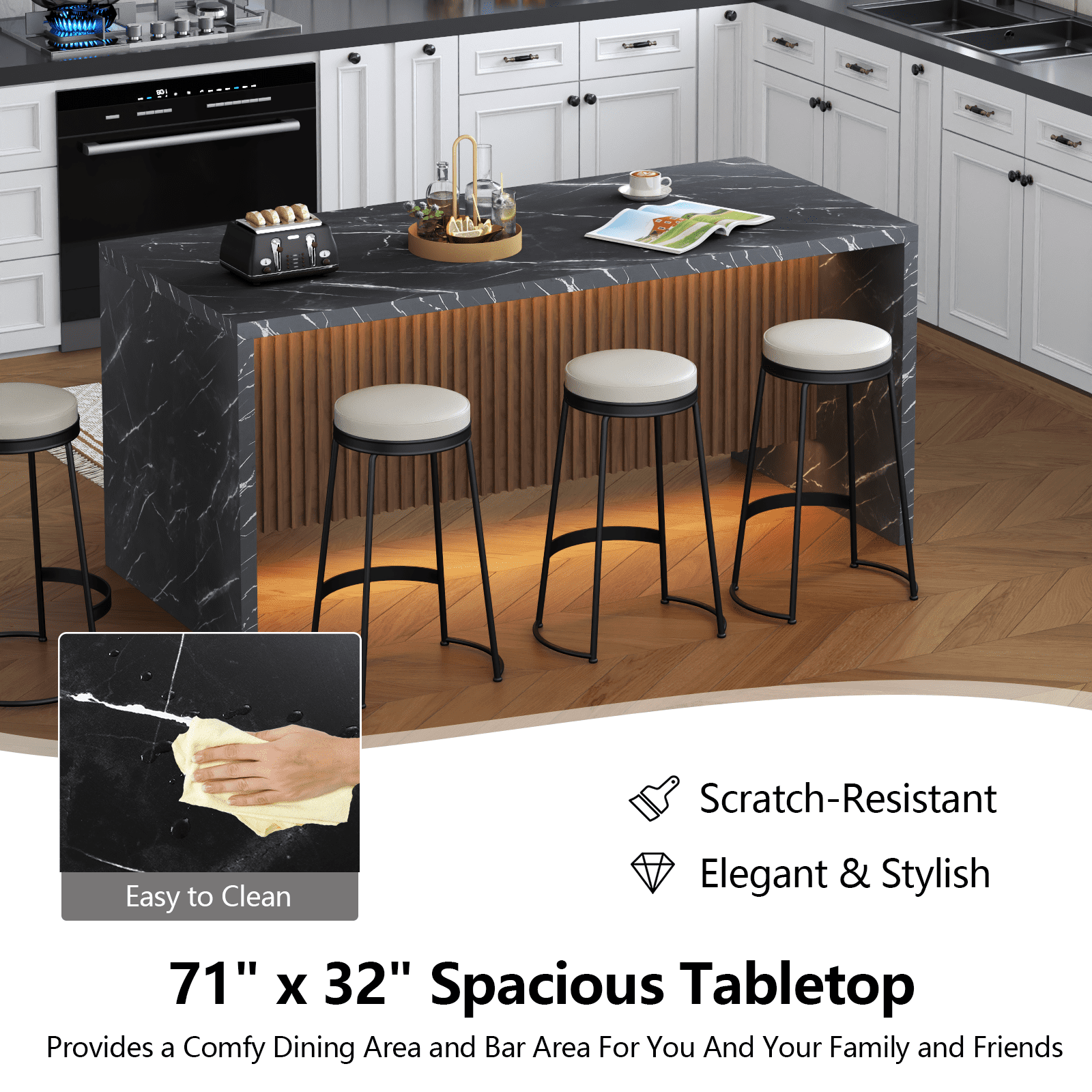 71" Modern Black Marble Dining Table with LED Lights, Rectangular Faux Marble Kitchen Table for 4-6 People, Large Island Table with Striped Grille Base for Dining Room, Home, or Living Room