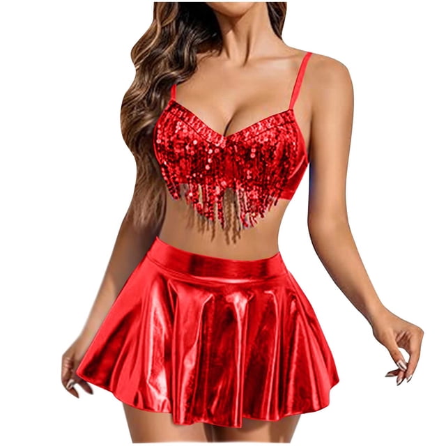Prix Réduit, Ensemble de Lingerie à Franges à Sequins pour Femmes, Jupe Courte à Fermeture Éclair Latérale, Ensemble Trois Pièces, Jeu de Rôle, à la Mode, Tenue de Fête, Confortable, sous-Vêtement, Tissu Doux/pu, Rouge