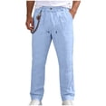 thumbnail image 3 of Men's Cotton Linen Casual Pants Drawstring Elastic Waist Button Trousers Lightweight Straight Leg Slacks with Color Chain for Daily Wear, 3 of 8