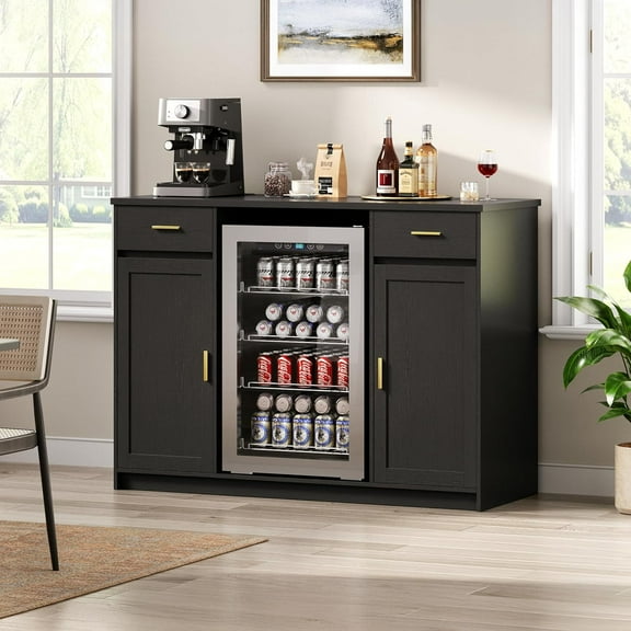 Herture Mini Fridge Cabinet,Coffee Bar Cabinet with Fridge Space & Wine Storage with Outlet,Fits 24" Fridge,Mini Fridge Stand,Buffet Sideboard Table Wine Cabinet for Kitchen Dining Room Black KH04MRB