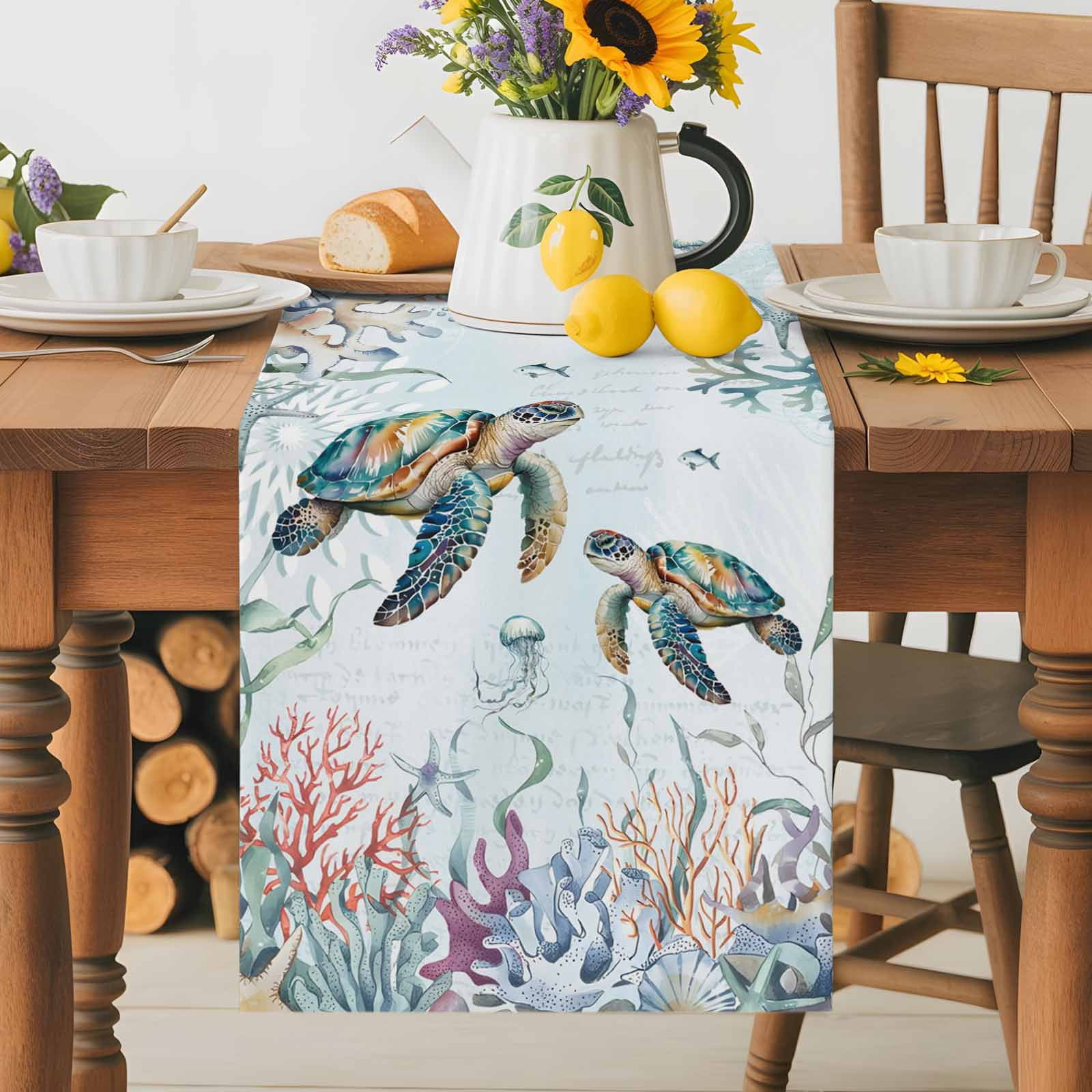 Sea Turtle Coral Seaweed Table Runner 90 Inches Long, Summer Coastal Nautical Theme Table Runners Tabletop Scarf Kitchen Dining Tables Decoration for Home Party Indoor Outdoor