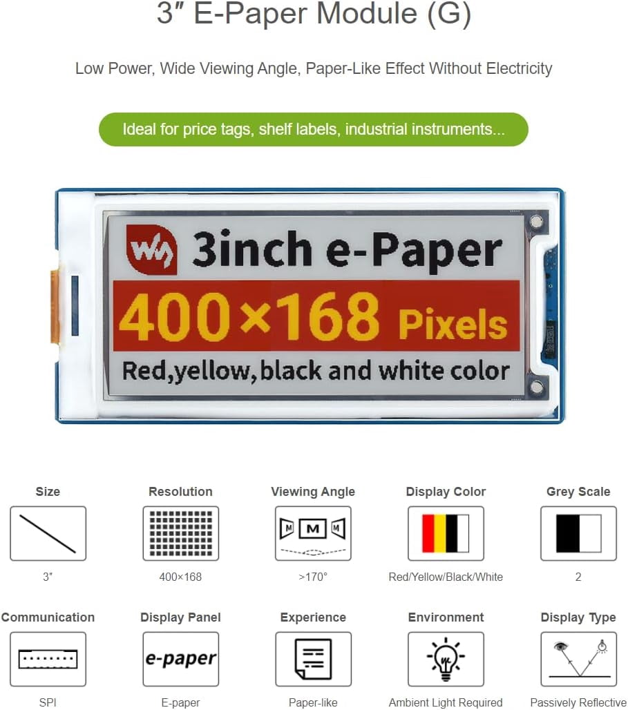 3inch E-Paper Module (G) 400 × 168 Resolution e-Ink Display Red/Yellow/Black/White epaper Screen for 4B/3B+/3B/2B/B+/A+/Zero/Zero W/WH/Zero 2W,Jetson Nano/Arduino,SPI Interface
