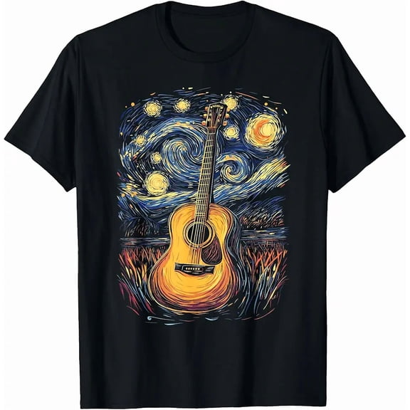 Starry Night Inspired Acoustic Guitar Artistic Music Lover Design Unisex T-Shirt, up to Size 5XL