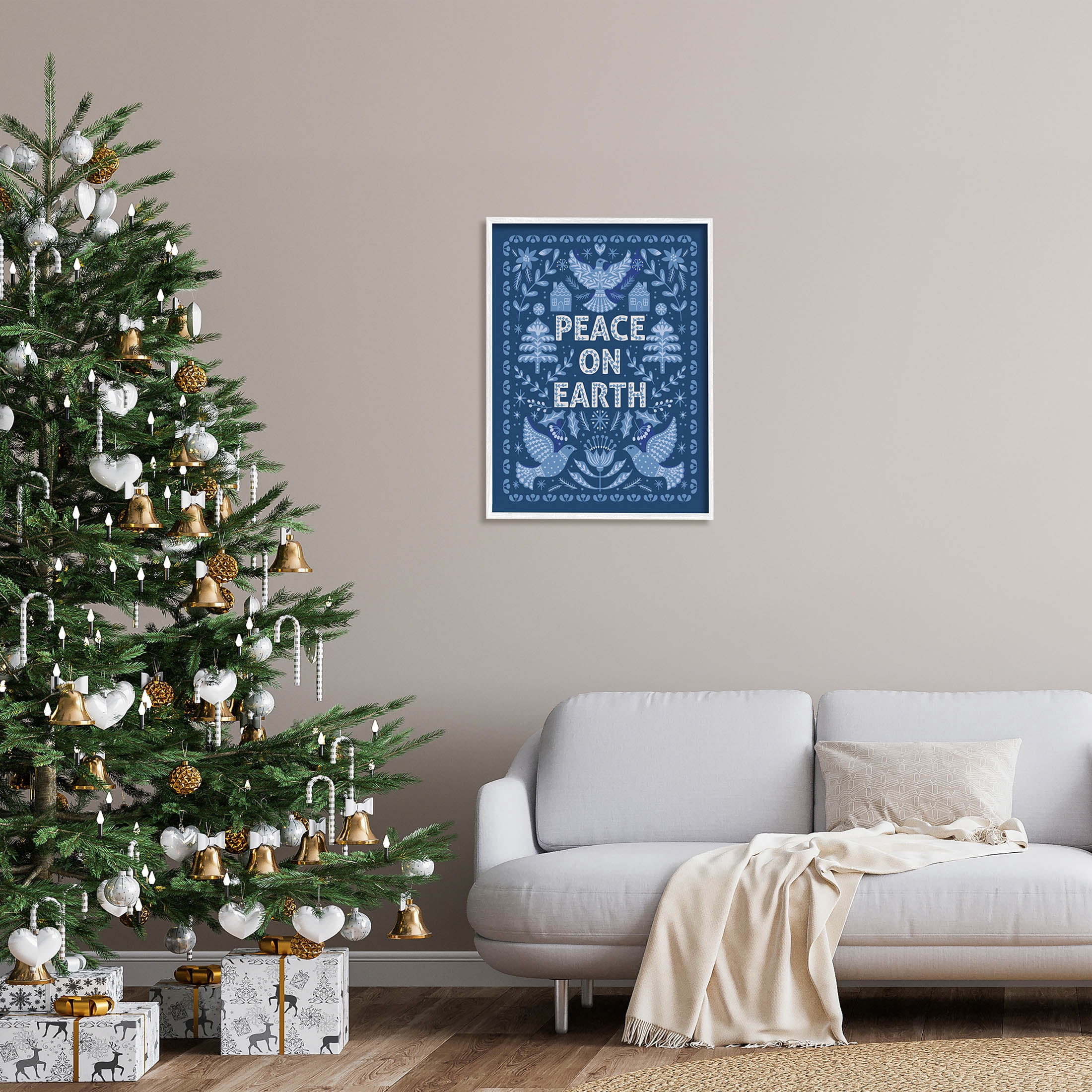 Peace On Earth Blue Doves Holiday Graphic Art White Framed Art Print Wall Art