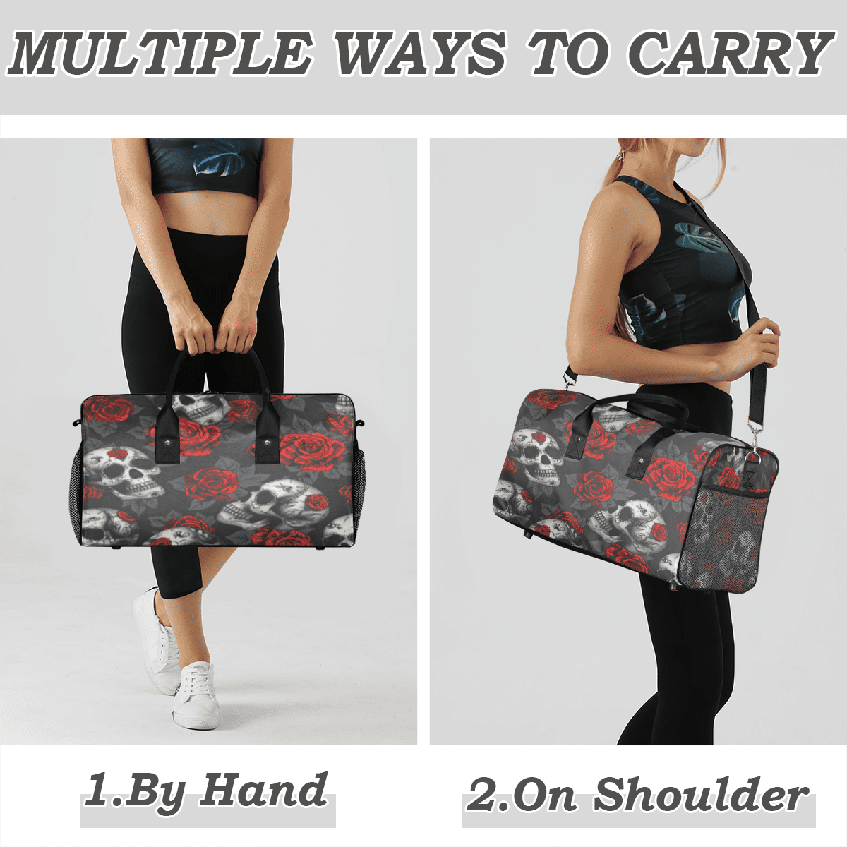 Herdesigns Skulls And Roses Gym Duffle Bag for Men Women, Travel Sports Bag Waterproof Lightweight Weekend Carry On Tote