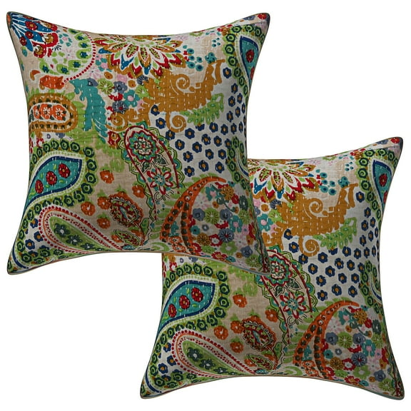 Stylo Culture Ethnic Chair Seat Throw Pillow Covers 16x16 Floral Kantha Beige Printed 40x40 cm Home Decor Cotton Paisley Square Cushion Covers | Set Of 2