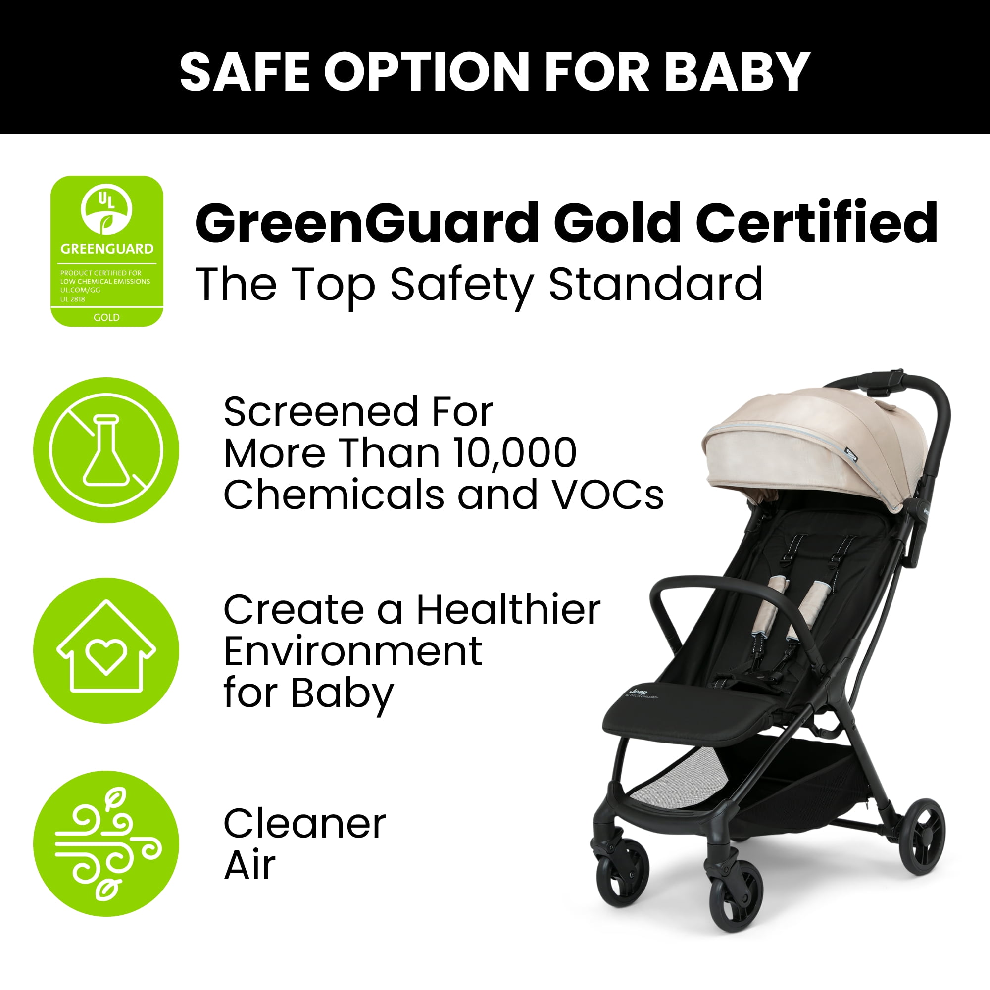 Jeep Altitude Compact Travel Stroller by Delta Children – Greenguard Gold Certified, Easy One Hand Fold, Lightweight, Extendable Canopy with Peek-a-Boo Window, 4 Wheel Suspension, Tan