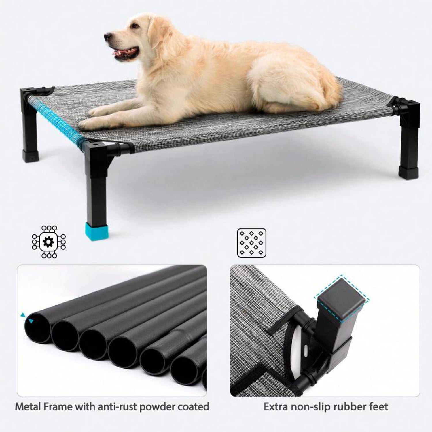 NTGFU Cooling Elevated Dog Bed, Raised Dog Bed with Washable Breathable Mesh and Metal Frame, Portable Dog Cot Bed with No-Slip Feet for Outdoor and Indoor Use,Black Silver-35'' x 25'' x 7.5''