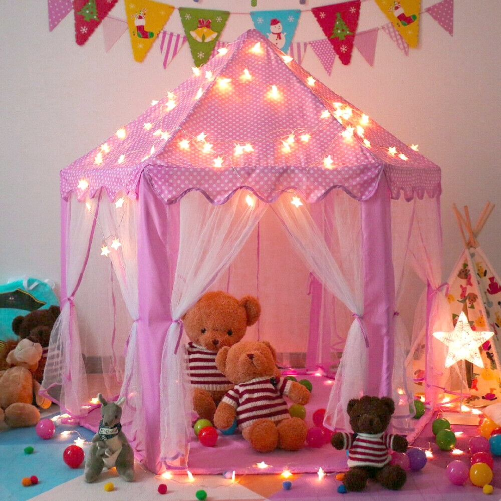 Princess Castle Play Tent Girls Kids Large Playhouse Toy Pink + Rug + Star Light