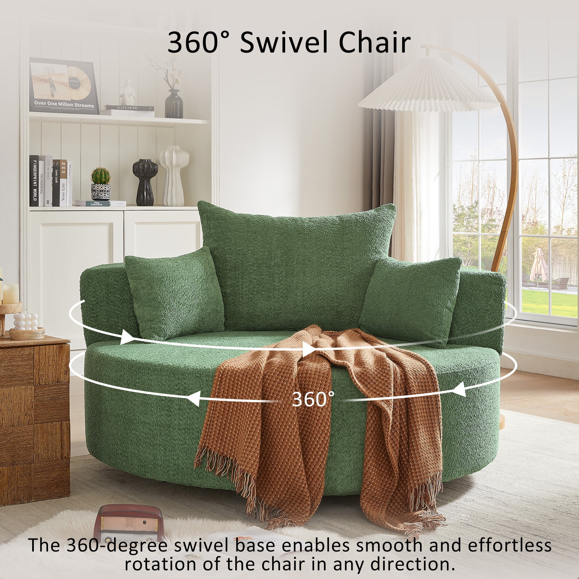 Euroco Modern 360° Swivel Lounge Chair with Deep Seat, Chenille Upholstery, Removable Throw Pillows – Circular Accent Chair for Living Room, Bedroom, or Apartment