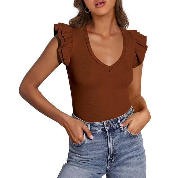 Remera PRETTYGARDEN Marrón Sin Mangas Cuello en V Volados XL