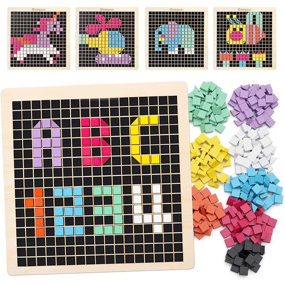 Coogam Casse-Tête Mosaïque en Bois, 370 Pcs Blocs de Formes et Motifs avec 8 Couleurs, Jeu de Société Pixel Jouets Montessori STIM Cadeau pour Enfants Tout-Petits Garçons Filles Âges 3 4 5 Ans