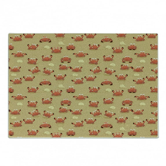 Crabs Cutting Board, Playful Sea Animals on a Sandy Beach with Shells Design Fauna, Decorative Tempered Glass Cutting and Serving Board, Small Size, Pale Brown Orange, by Ambesonne