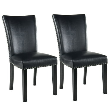 JESONVID Parsons Dining Chairs Faux Leather Kitchen Chair Set of 2 with Solid Wooden Legs Upholstered Soft Leather Padded Chairs with Nail-Head Trim-Black