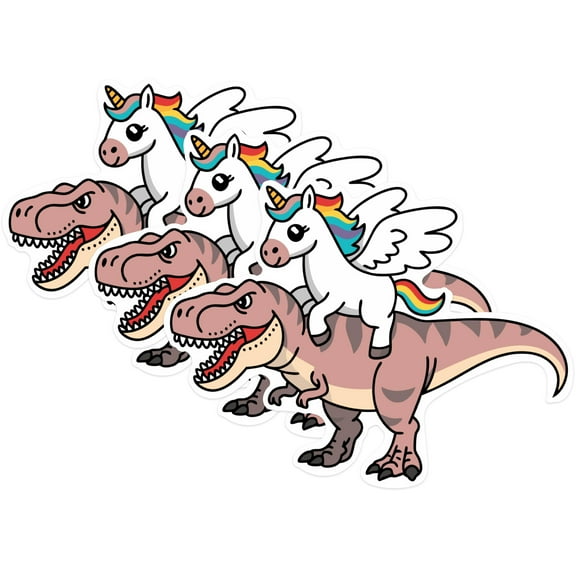 (3 Pack) Unicorn Riding Dinosaur Decals - Fantasy Creatures - Funny Animal Decal - 3 Inches On Longest Side - Easy Peel & Apply - Made in USA - 3MCS0951