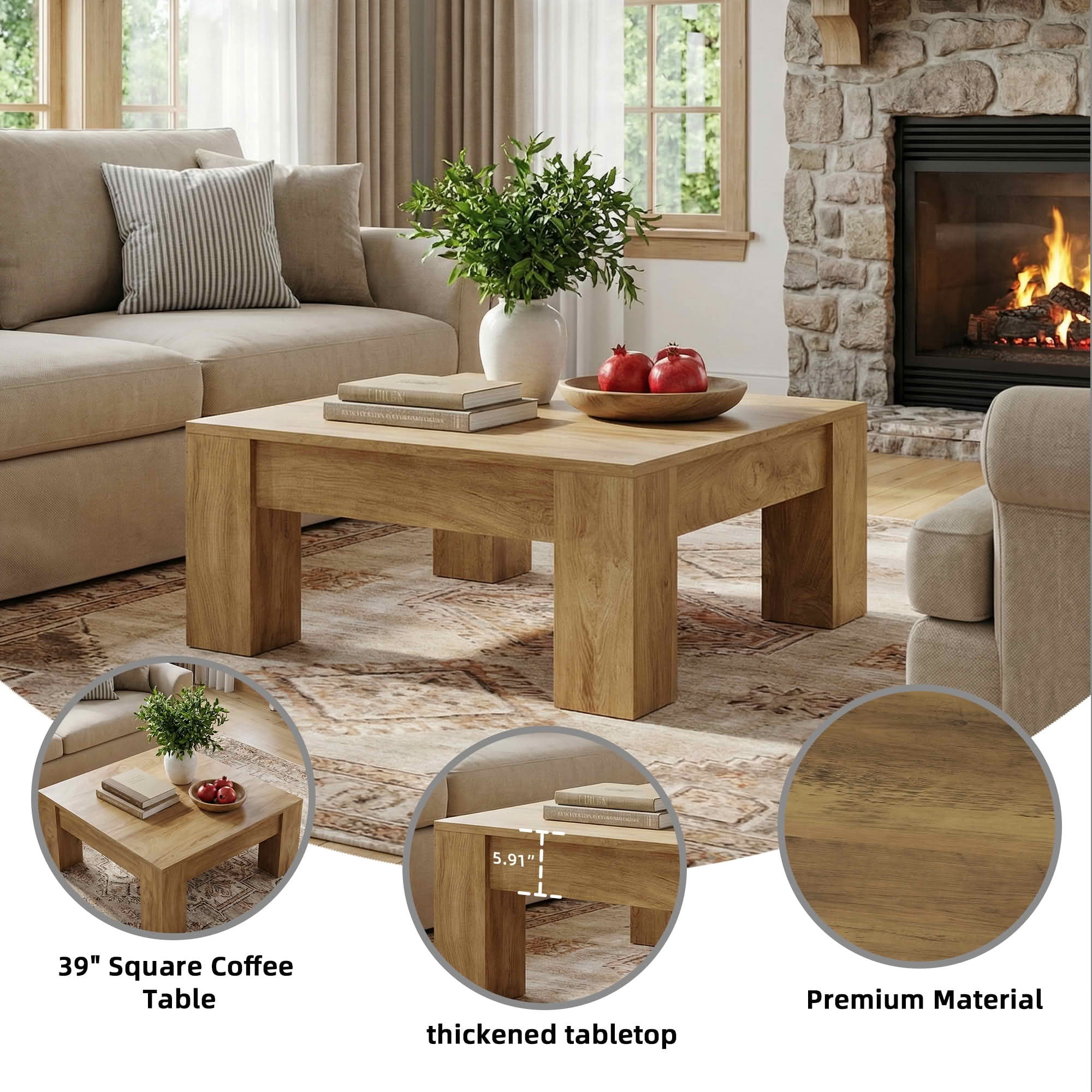 MAYEETY 39 Inch Farmhouse Square Wooden Coffee Table Living Room Center Table