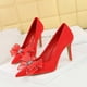 thumbnail image 4 of Zapatos de tacón alto sexis y delgados para mujer, de lujo, de gamuza, con boca poco profunda, puntiagudos, con encaje y lazo de diamantes, para banquetes, 4 of 5