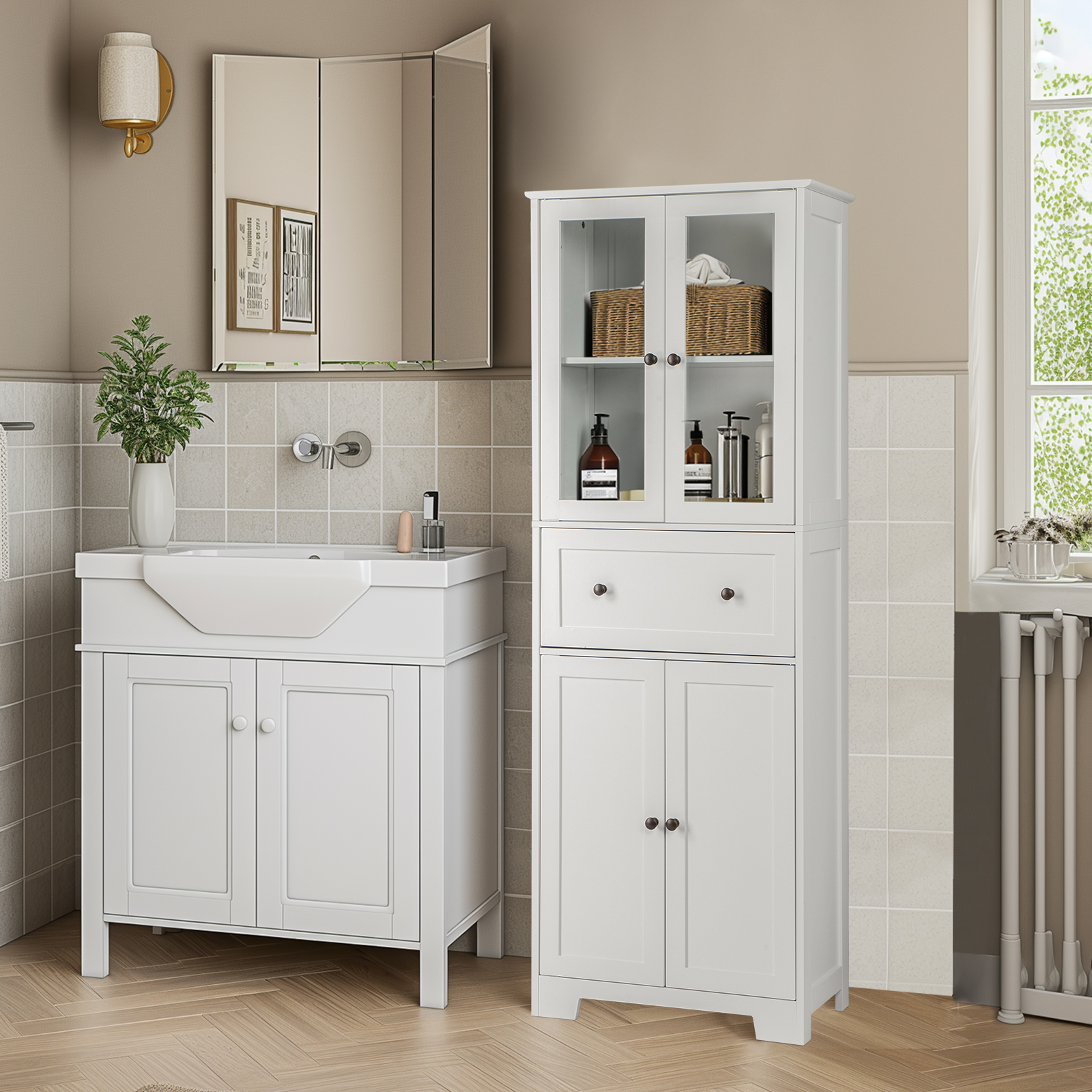 Ktaxon Bathroom Cabinet with 4 Doors 1 Drawer, Large Storage Organizer w/ 2 Adjustable Shelves for Office Living Room, White