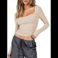thumbnail image 2 of Tops Cortos de Algodón para Mujer, Camisetas de Larga, Cuello Cuadrado, Tops Y2k, Corte Entallado, Ropa de Moda para Salir de Otoño Albaricoque L, 2 of 10