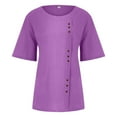 thumbnail image 5 of Cuoff Blouses for Women Fashion Casual Temperament Round Neck Vintage Cotton and Hemp Solid Button Short Sleeve T-Shirt Womens Tops Light Purple L, 5 of 5