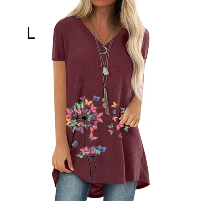 Camiseta Con Cuello En V Blusa De Manga Corta Suelta Mujer Top De Verano Estampado, Rojo, L Methold AP002392-08