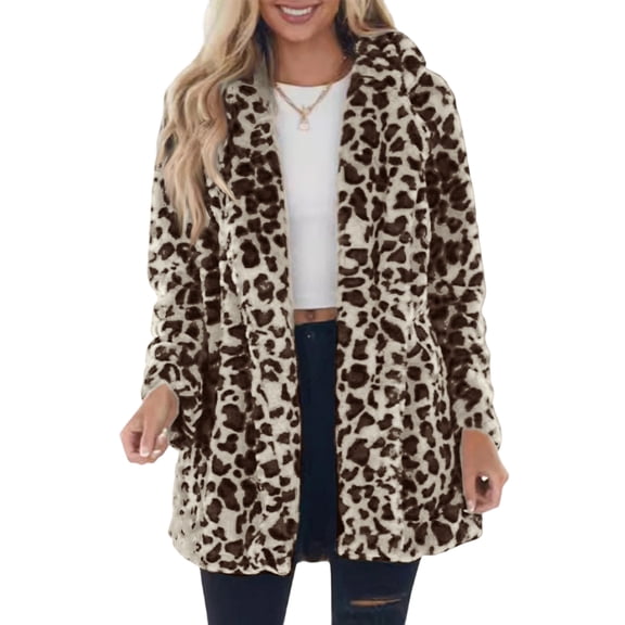 Womens Leopard Print Plush Jacket Stand Collar Zip Up Thickened Fleece Coat Winter Loose Fit Long Sleeve Warm Cardigan with Pockets Double Sided Soft Outwear Beige L