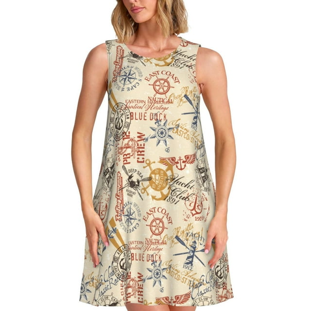 Fotbe Vintage Nautical Vestido de Verano sin Mangas para Mujer – Vestido Midi Línea A, Estilo Camiseta Floral, Vestido Playero Casual y Fluido