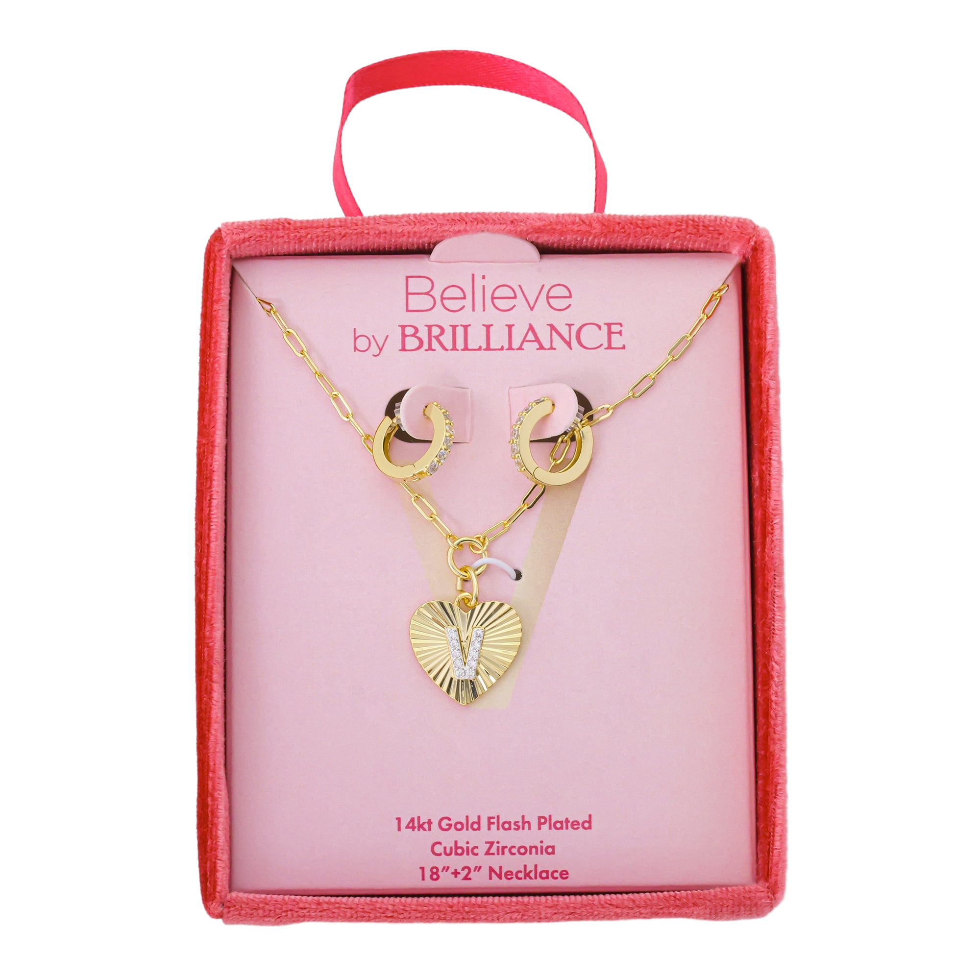 Believe by Brilliance Women's 14Kt Gold Flash Plated Cubic Zirconia Initial V Heart Pendant Necklace and Hoop Earring Set, 18+2"