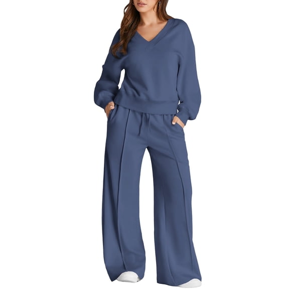 DOKOTOO Sweatsuits for Women 2 Piece Outfits Oversized Casual V Neck Sweatshirt with Wide Leg Sweatpants Tracksuit Jogger Set