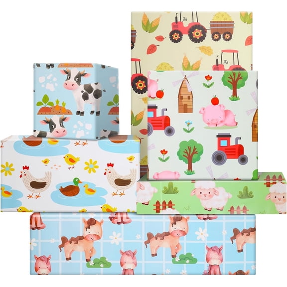 Farm Wrapping Paper Kids Boys Girls, Farm Animal Cow Pig Horse Duck Pets Tractor Wrapping Paper, 20 x 28 inches per Sheet, Folded Flat 12 Sheets Gift Paper for Baby Shower Birthday Party Supplies