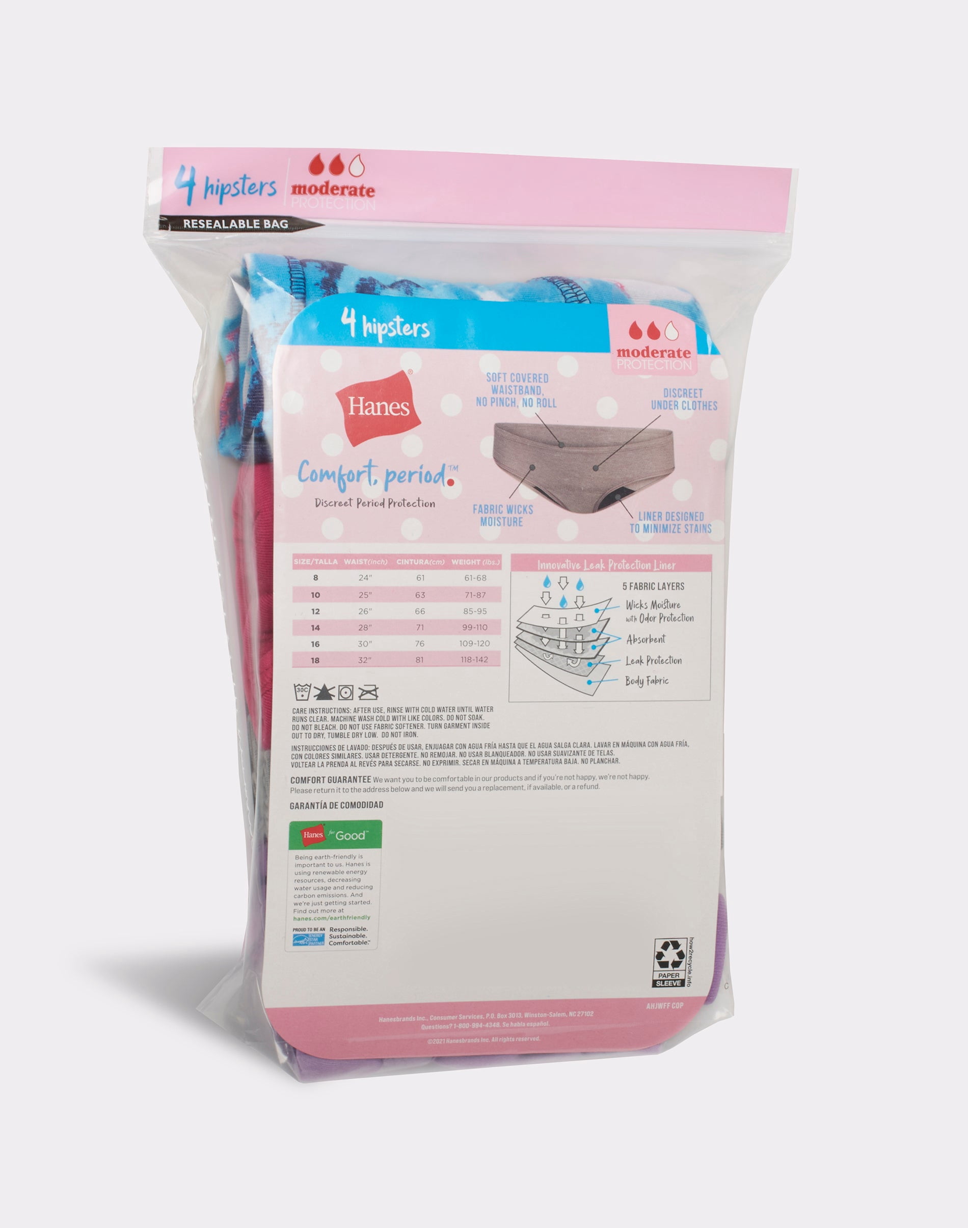 Hanes Comfort, Period. Girls' Hipster Underwear, Moderate Protection, Assorted, 4-Pack 16