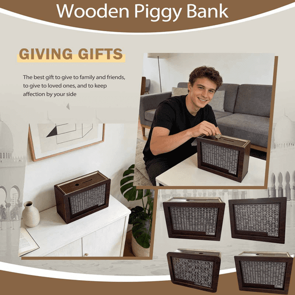 Money Bank for Kids & Adults, Wooden Piggy Bank, Personal Savings Goal Coin Bank for Boys and Girls, Children's Financial Literacy Gift, Brown (1 Piggy Bank   1 Pen, 2ml)