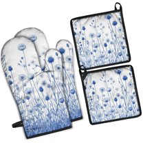 Blue Flowers Kitchen Oven Mitt and Pot Holder Sets 4 Pcs for Baking, Cooking and Grilling, Heat Resistant Up To 392 °F