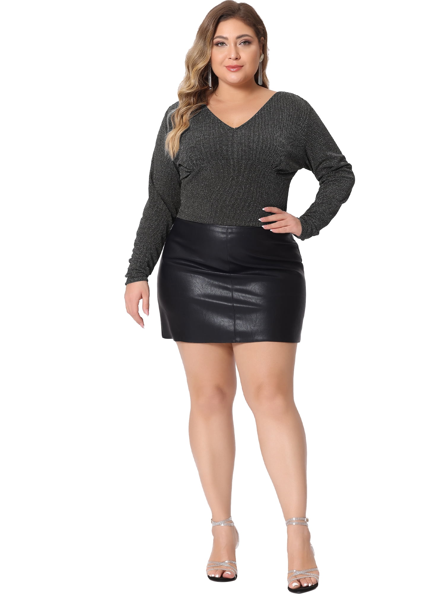 Unique Bargains Women Plus Size Top Metallic V Neck Long Sleeve Glitter Party Blouses Silver 1X