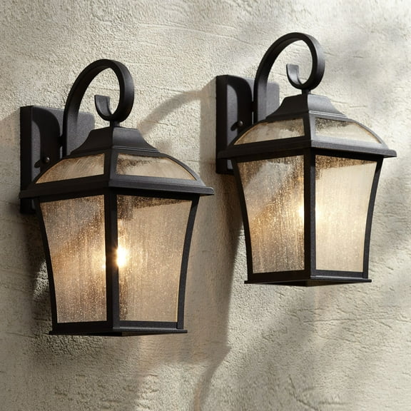 John Timberland Mosconi Rustic Outdoor Wall Lights Fixture Set of 2 Textured Black 15" Clear Seedy Glass for Post Exterior Barn Deck House Porch Yard