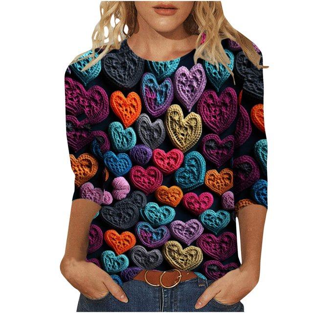 KIHOUT Hauts de Mode pour Femmes T-shirt Imprimé Saint-Valentin Manches 3/4 Blouse Col Rond Hauts Décontractés