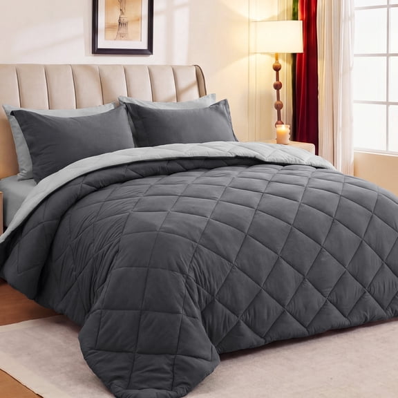 Sasttie 7 Pieces King Comforter Set, Reversible Bed in a Bag, All Season Bedding Set with Comforter, Flat Sheet, Fitted Sheet, Pillowcases & Shams, Dark Grey & Light Grey
