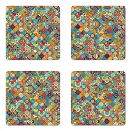 

Bohemian Coaster Set of 4 Geometric Pattern Ornamental Floral Folk Art Abstract Square Hardboard Gloss Coasters Standard Size Multicolor by Ambesonne