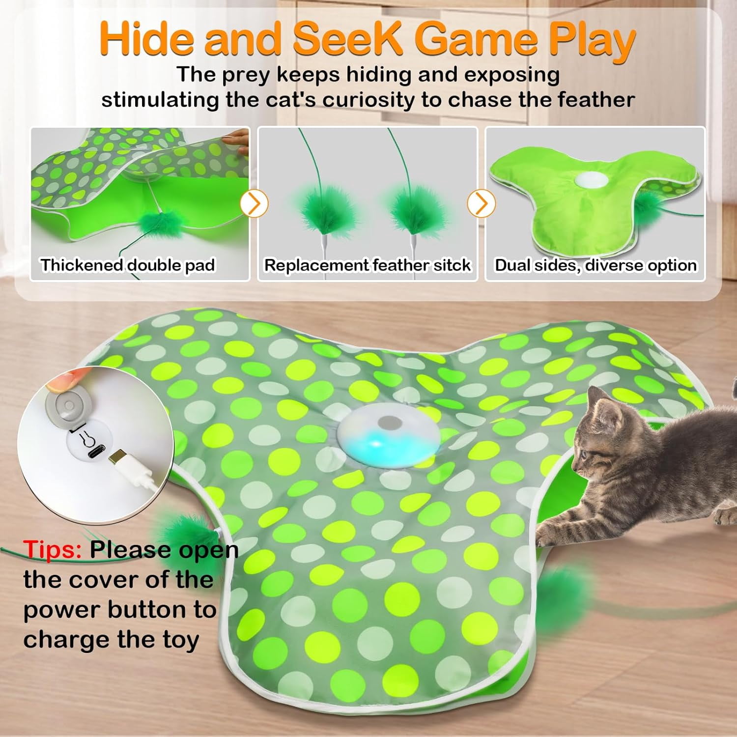 URRU Interactive Cat Toys for Indoor Cats,Hide and Seek Interactive Cat Toy with Real Mouse Squeaky & Moving Concealed Feathers,Touch Activated Cat Kitten Toy Exercise Toy for Indoor Bored Adult Cat