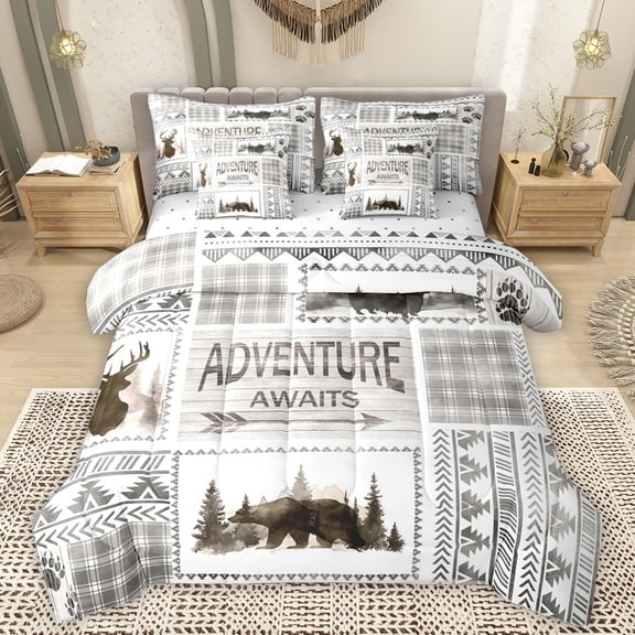 Manfei Safari Moose 7-Piece Twin Bedding Sets,Rustic Adventure Game Bedding Comforter Set,Gray White Plaid Sheet Sets For Boys Teens,Microfiber Bedroom Decor Reversible