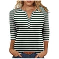 thumbnail image 2 of HongQid Women's Casual 3/4 Sleeve T Shirts Button V Neck Tunic Blouses Striped Basic Tee Tops Loose Fit Shirt, 2 of 9