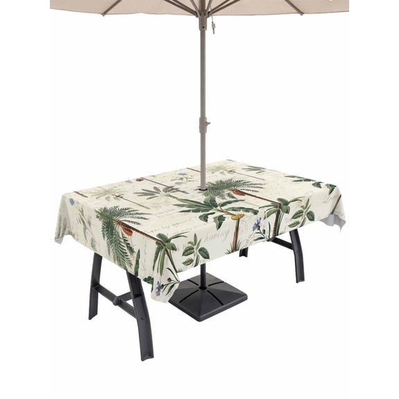 Outdoor Tablecloth with Umbrella Hole & Zipper, Summer Palm Tree Rectangle Tablecloth 54x80 Inch, Tropical Plants Botanical Vintage Patio Table Cover Waterproof Table Cloth for Picnic/Party