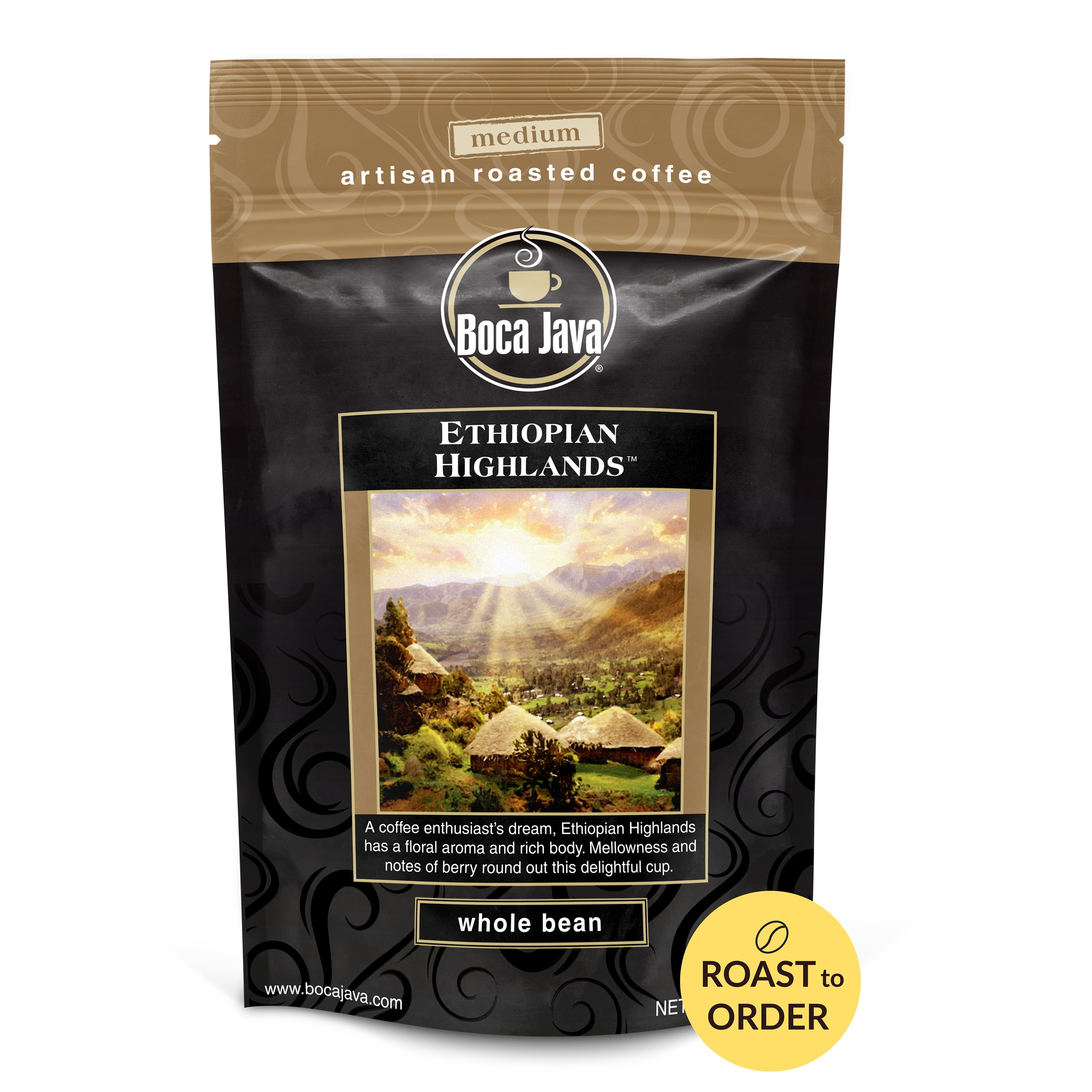 Boca Java Ethiopian Highlands Single Origin Whole Bean Coffee, Medium Roast, 8 oz. Bag, 100% Arabica, Roast to Order