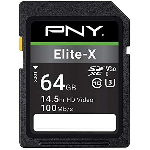 PNY 64GB Elite-X Class 10 U3 V30 SDXC Flash Memory Card - 100MB/s, Class 10, U3, V30, 4K UHD, Full HD, UHS-I, Full Size